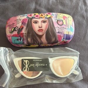 Nicole Lee Pink Floral Makeup Print Sunglasses Case with White Cat-Eye Frames